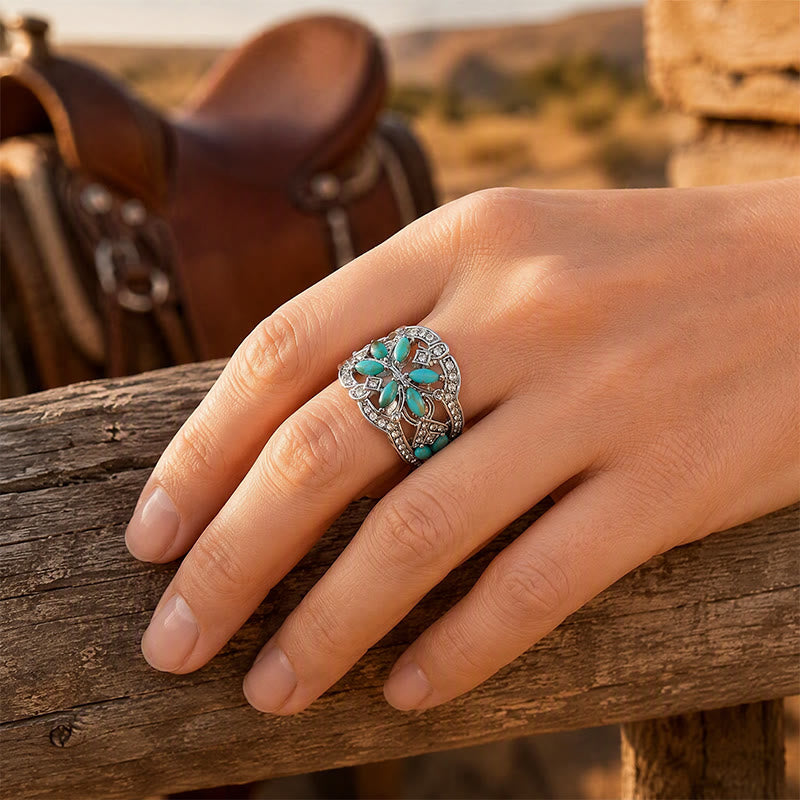 Ethnic style Retro Hollow Wide Band Simulated Turquoise & Crystal Ring - image 1