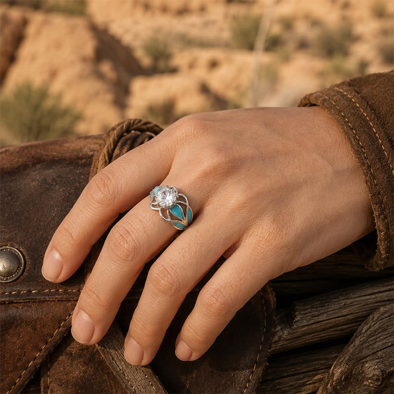 Vintage Flower Enamel Zircon Women Ring - image 1