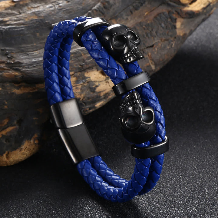 Gothic Double Skull Head Braided Genuine Leather Bracelet - Blue - 8.07" / 20.5cm - image 6