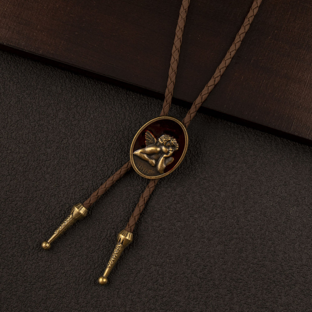 Vintage Cupid Angel Enamel Western Leather Cord Bolo Tie - Brown & Bronze - image 1