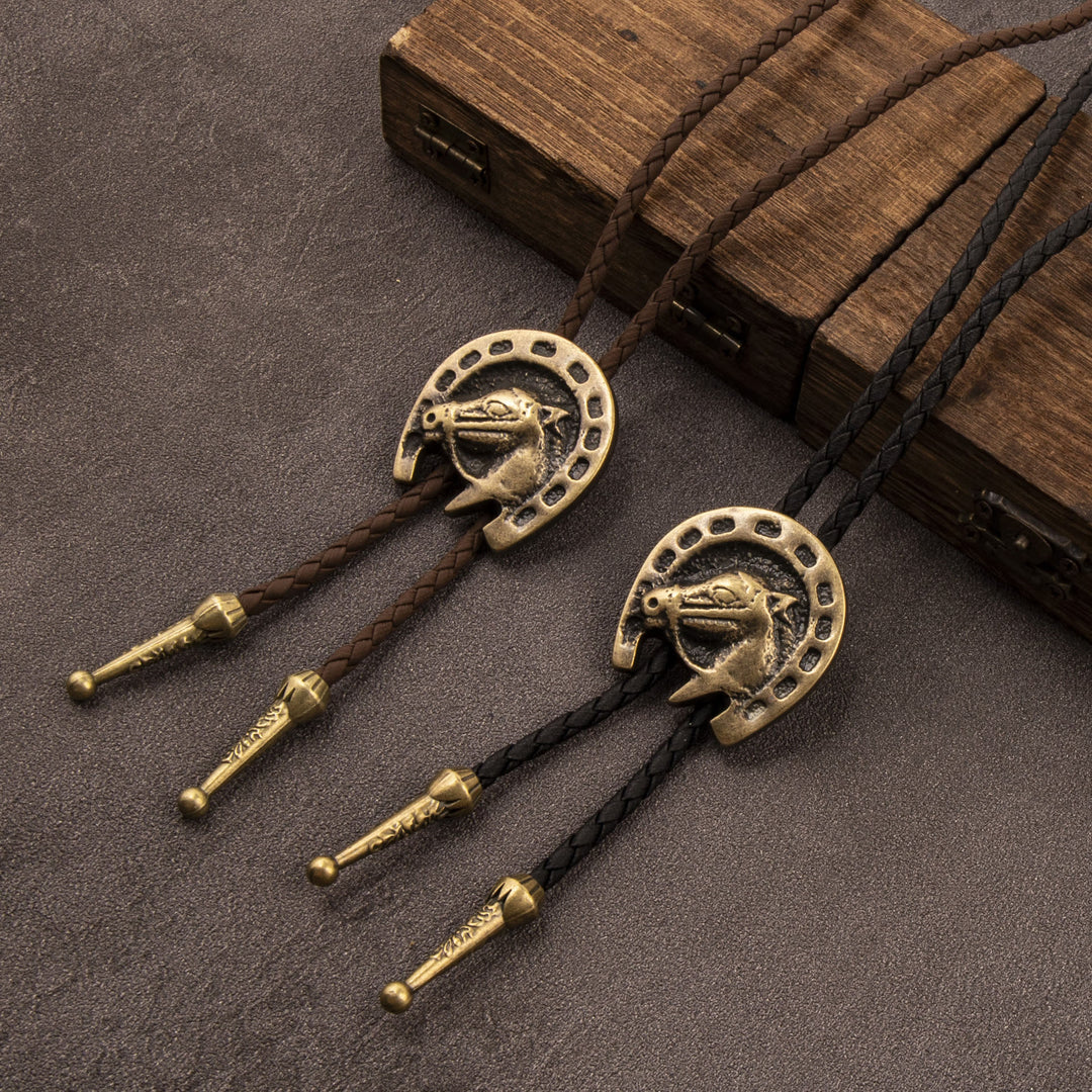 Vintage Western Bolo Tie Leather Horsehead Necklace - image 0