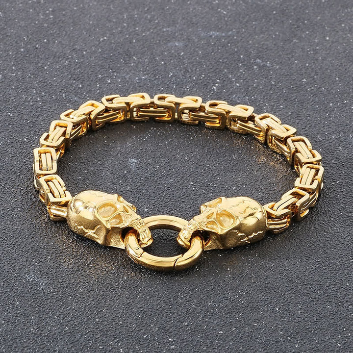 Men's Double Skull Chain Heavy Chunky King Chain Biker Bracelet - Gold - 9.06" / 23cm - image 9