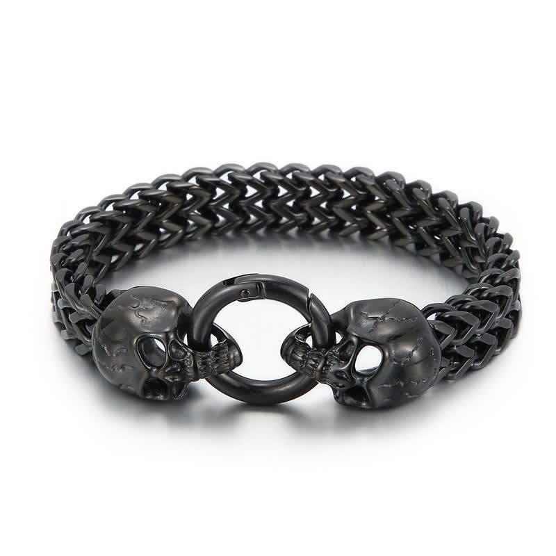 Men's Double Skull Head O-Ring Carabiner Clasp Bracelet - Black - 9.45" / 24cm - image 7