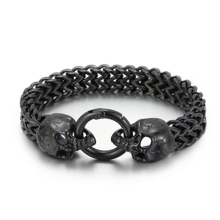Men's Double Skull Head O-Ring Carabiner Clasp Bracelet - Black - 9.45" / 24cm - image 7