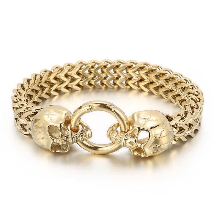 Men's Double Skull Head O-Ring Carabiner Clasp Bracelet - Gold - 9.45" / 24cm - image 6