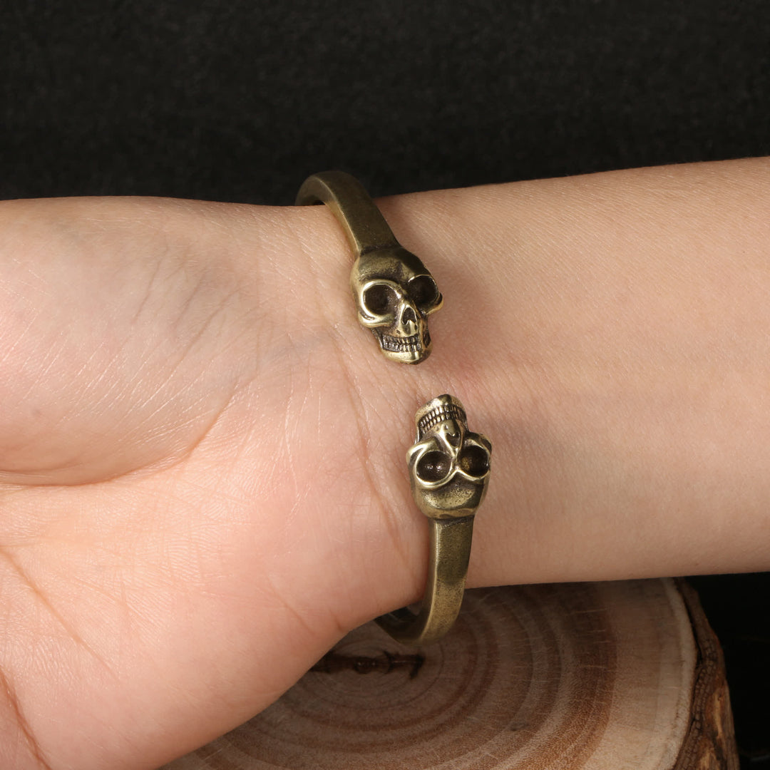 Gothic Bronze Double Skull Heavy Brass Open Cuff Bracelet - image 1