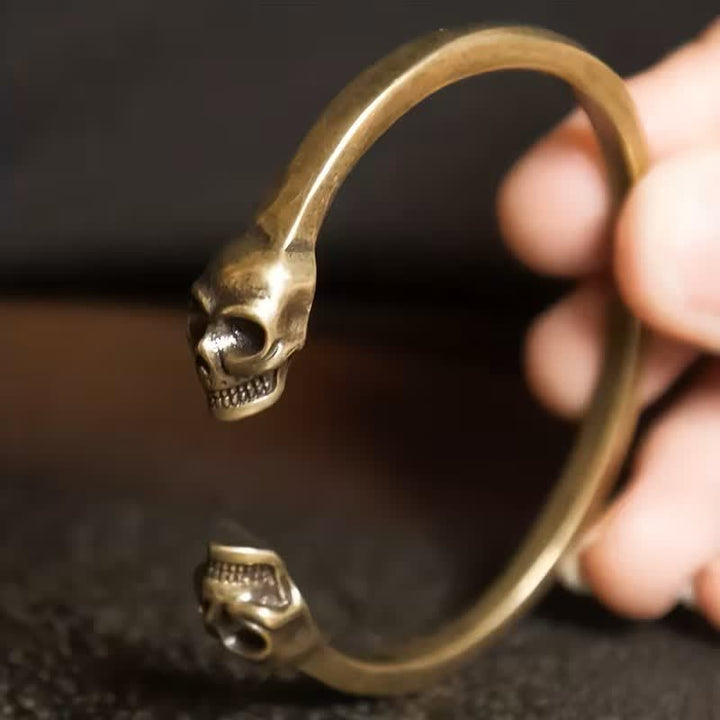 Gothic Bronze Double Skull Heavy Brass Open Cuff Bracelet - image 2