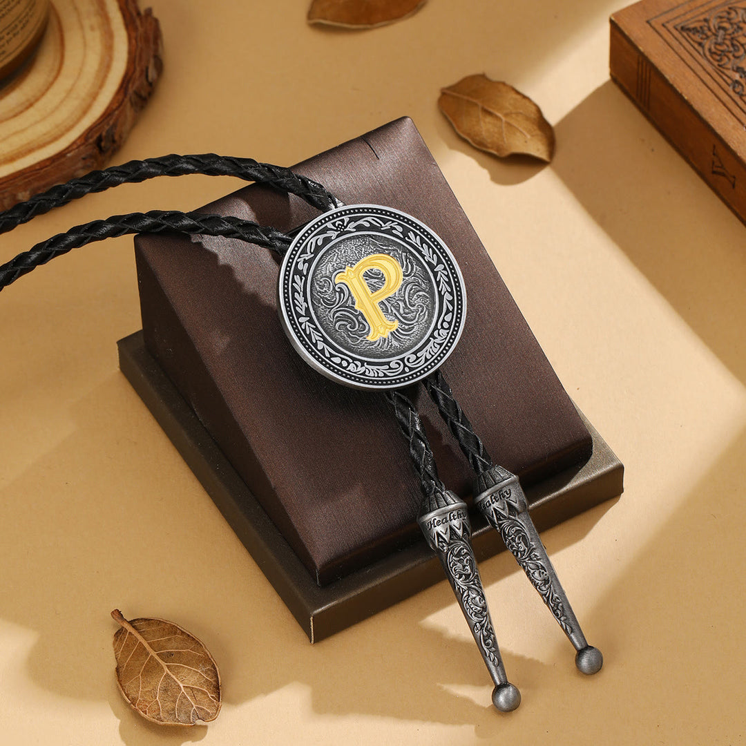 Men's Vintage Western Filigree Monogram Bolo Tie - P - image 15