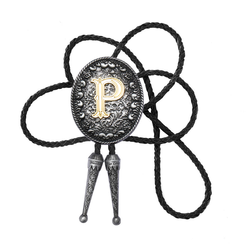 Old-style Two-Tone Intricate Relief Monogram Bolo Tie - P - image 17