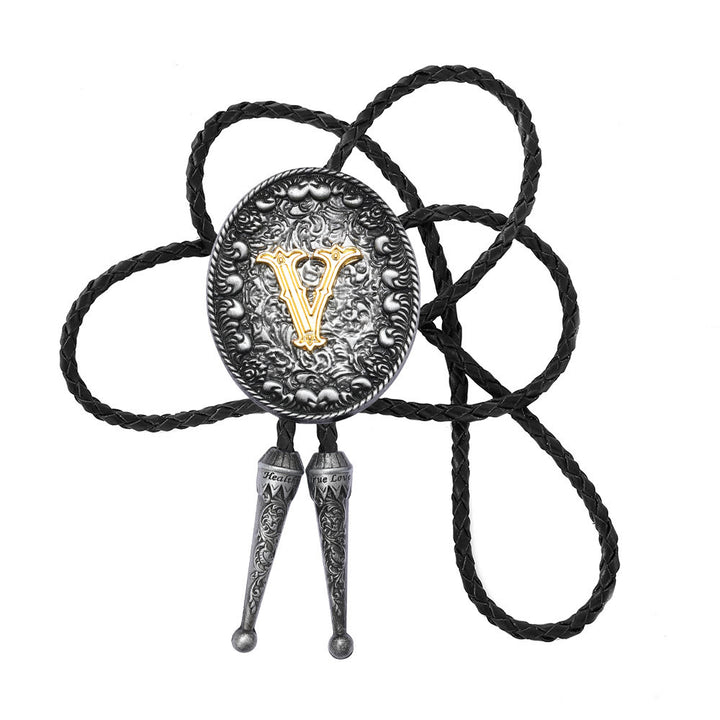 Old-style Two-Tone Intricate Relief Monogram Bolo Tie - V - image 23