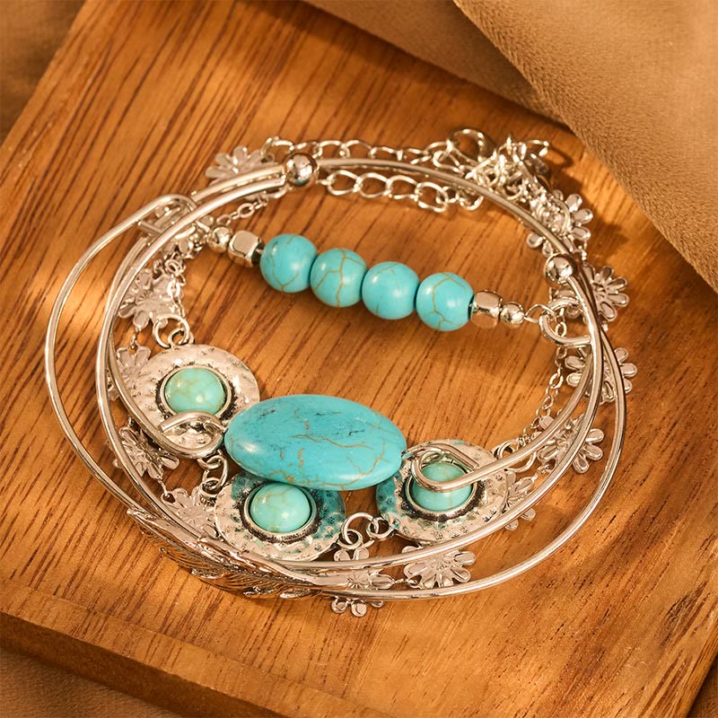 5Pcs The Desert Muse Turquoise Feather & Bloom Stack Bracelet Set - image 1