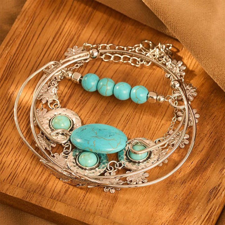 5Pcs The Desert Muse Turquoise Feather & Bloom Stack Bracelet Set - image 1