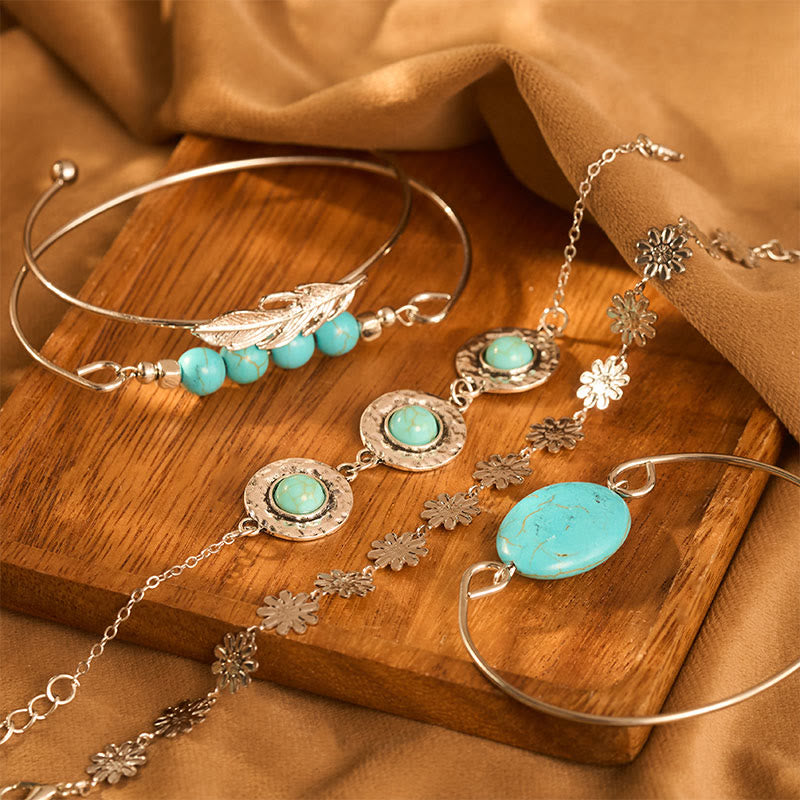 5Pcs The Desert Muse Turquoise Feather & Bloom Stack Bracelet Set - image 0