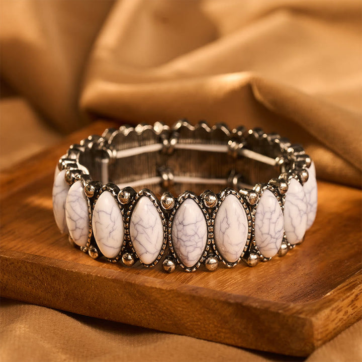 Vintage Boho Oval White Turquoise Silver‑tone Etched Stretch Bracelet - image 0