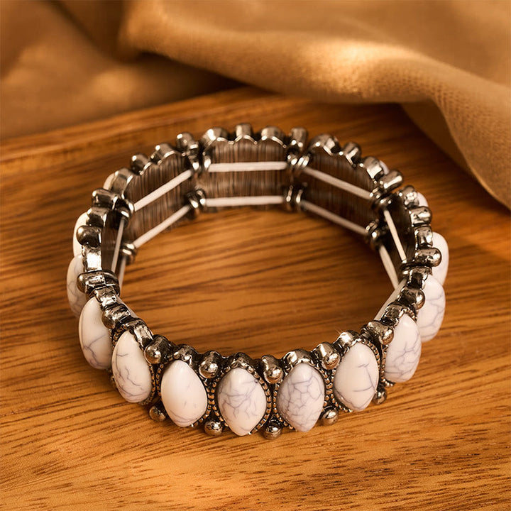 Vintage Boho Oval White Turquoise Silver‑tone Etched Stretch Bracelet - image 4