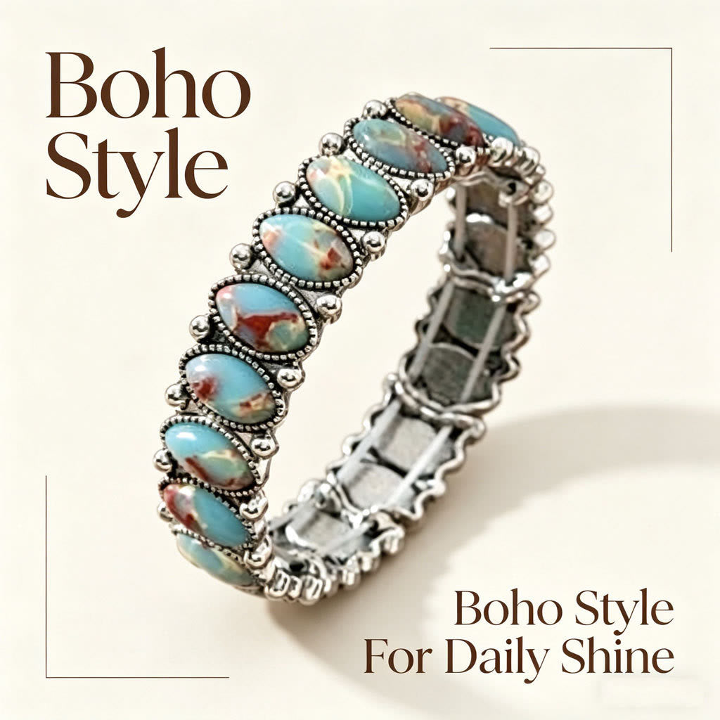 Vintage Boho Oval White Turquoise Silver‑tone Etched Stretch Bracelet - Blue - image 2