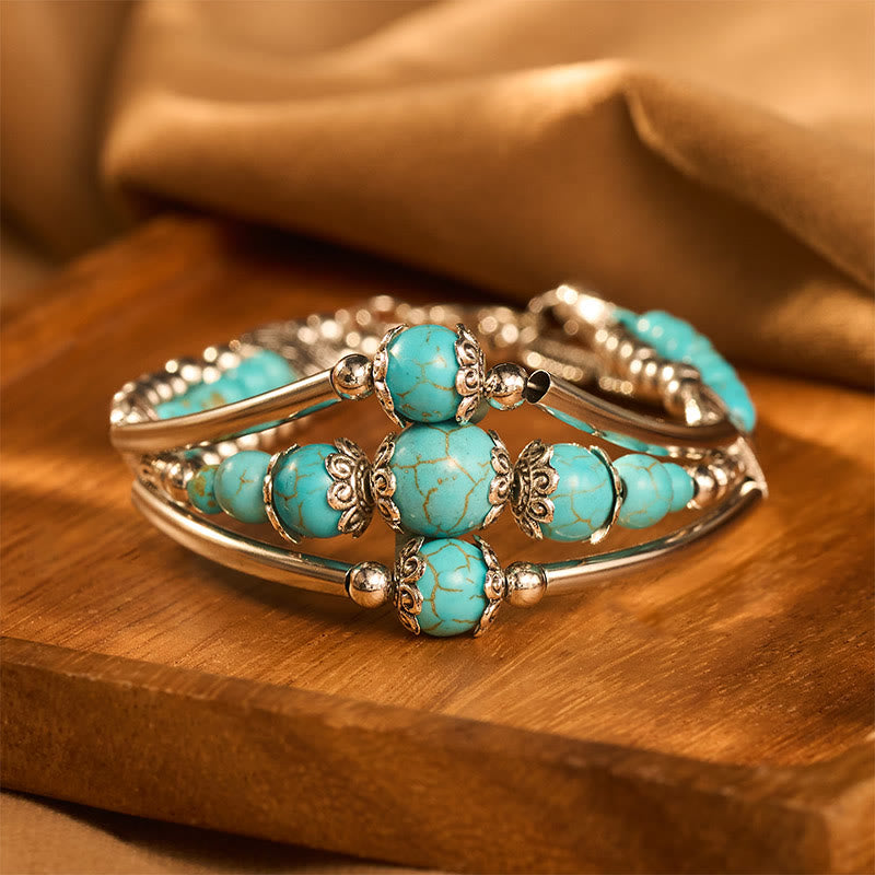Boho Vintage Triple-layer Turquoise Feather Antique Silver Bangle - Green - image 0