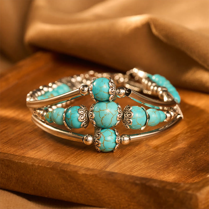 Boho Vintage Triple-layer Turquoise Feather Antique Silver Bangle - Green - image 0