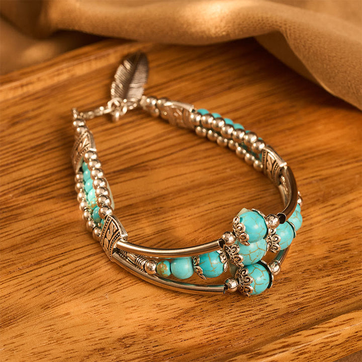 Boho Vintage Triple-layer Turquoise Feather Antique Silver Bangle - image 1