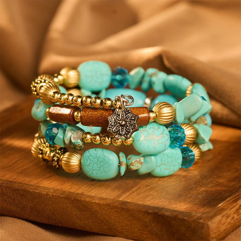 Vintage Bohemian Multi-layer Turquoise Agate Crystal Beaded Bracelet - image 0