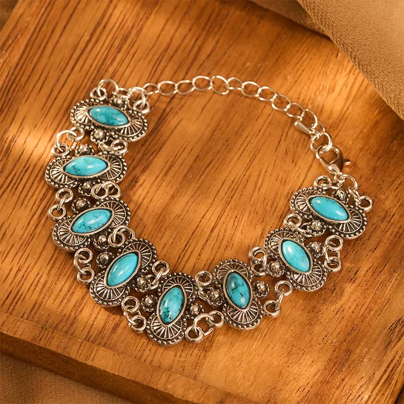 Vintage Boho Marquise Turquoise Antique Silver Carved Link Bracelet - image 2
