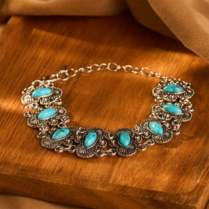 Vintage Boho Marquise Turquoise Antique Silver Carved Link Bracelet - image 0