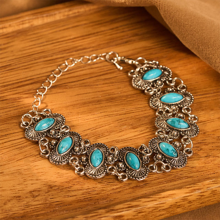Vintage Boho Marquise Turquoise Antique Silver Carved Link Bracelet - image 3