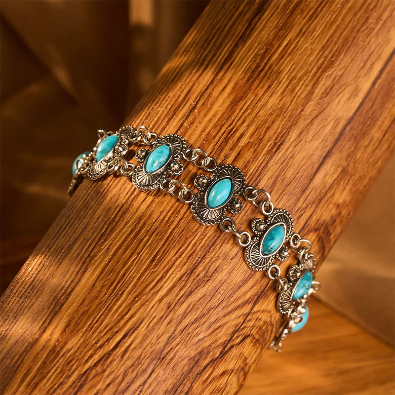 Vintage Boho Marquise Turquoise Antique Silver Carved Link Bracelet - image 4