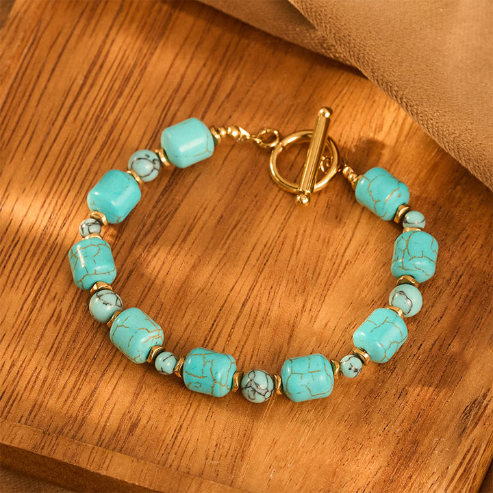 Vintage Boho Turquoise Barrel Bead Gold Tone Toggle Bracelet - image 1