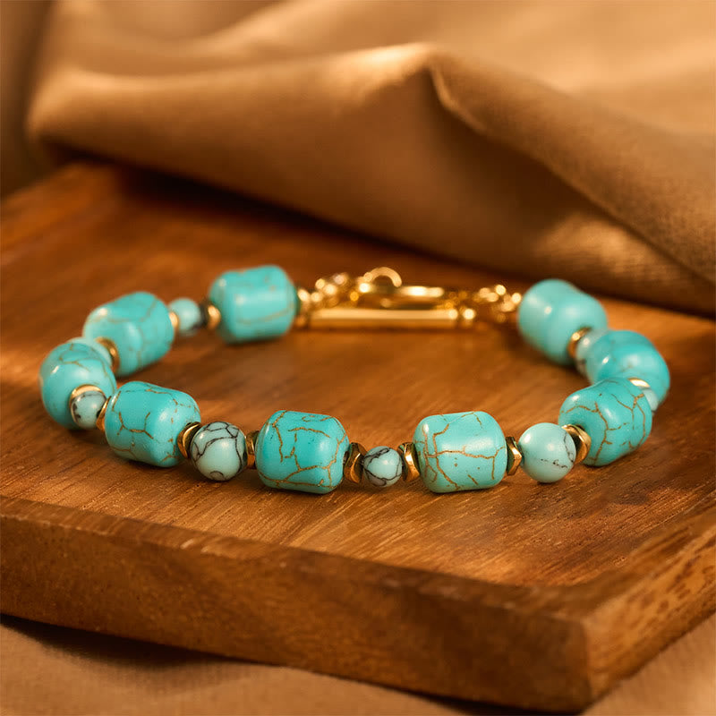 Vintage Boho Turquoise Barrel Bead Gold Tone Toggle Bracelet - Blue - image 0
