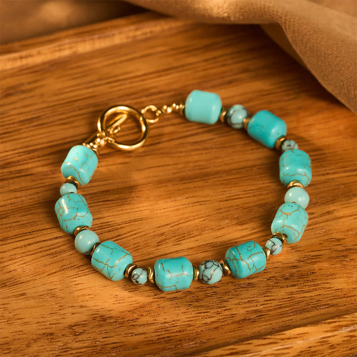 Vintage Boho Turquoise Barrel Bead Gold Tone Toggle Bracelet - image 2