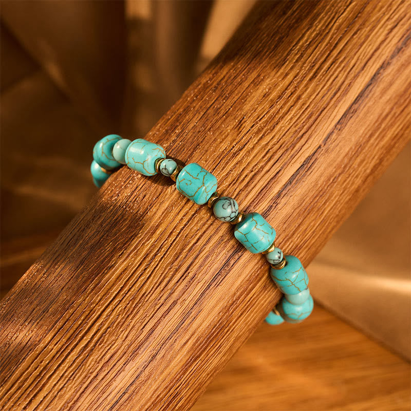 Vintage Boho Turquoise Barrel Bead Gold Tone Toggle Bracelet - image 3
