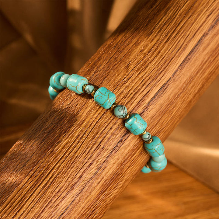 Vintage Boho Turquoise Barrel Bead Gold Tone Toggle Bracelet - image 3
