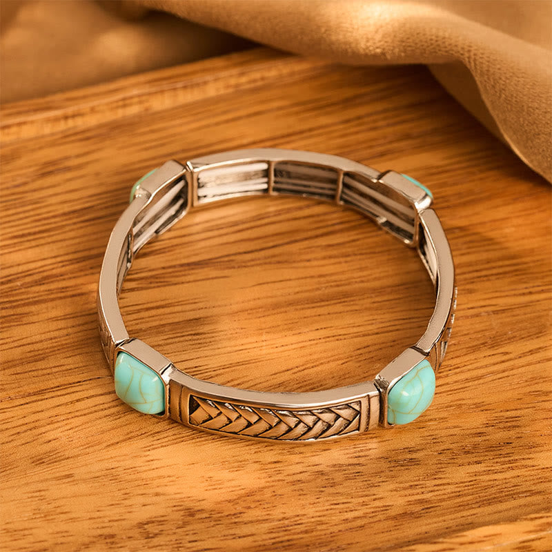 Vintage Tribal Square Turquoise Silver‑tone Etched Bangle Bracelet - image 1