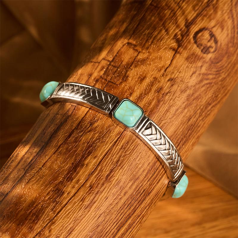 Vintage Tribal Square Turquoise Silver‑tone Etched Bangle Bracelet - image 2