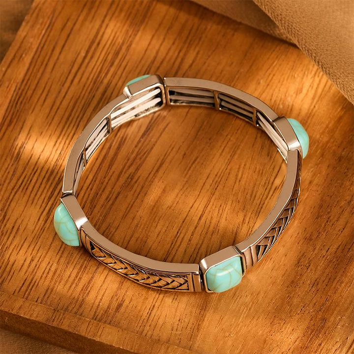 Vintage Tribal Square Turquoise Silver‑tone Etched Bangle Bracelet - image 3