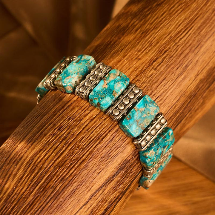 Vintage Boho Rectangle Emperor Stone Silver‑tone Panel Stretch Bracelet - image 3