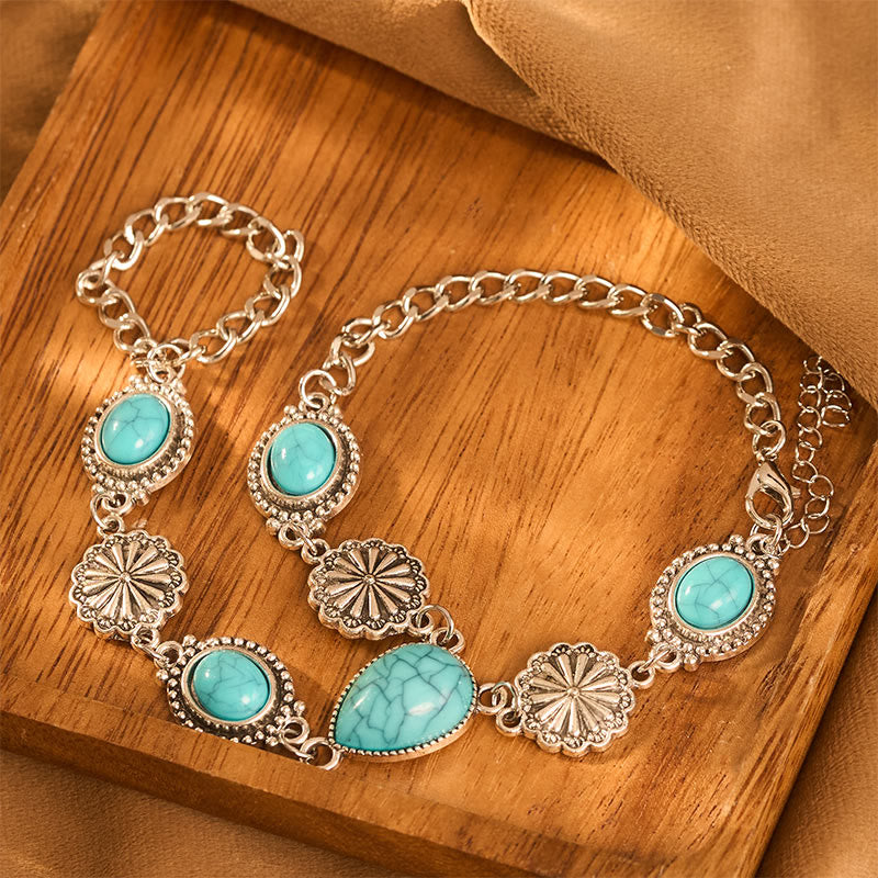 Vintage Boho Oval Teardrop Red Turquoise Silver‑tone Floral Chain Hand Harness Bracelet - image 3