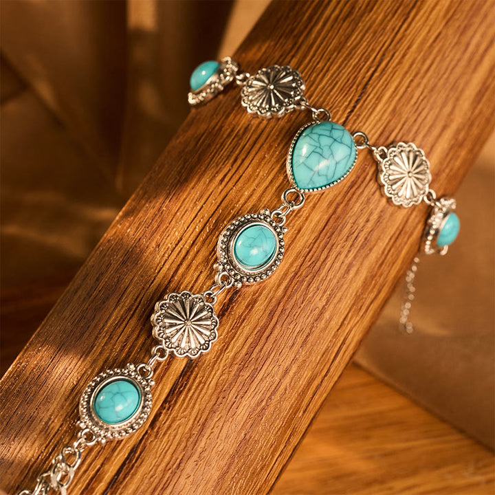 Vintage Boho Oval Teardrop Red Turquoise Silver‑tone Floral Chain Hand Harness Bracelet - image 5