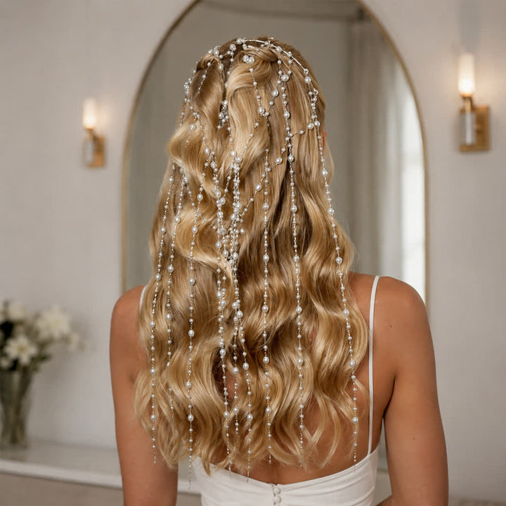 Women's Wedding & Festival Goddess Pearl Veil Hair Chains - Style #1 - Silver - image 0