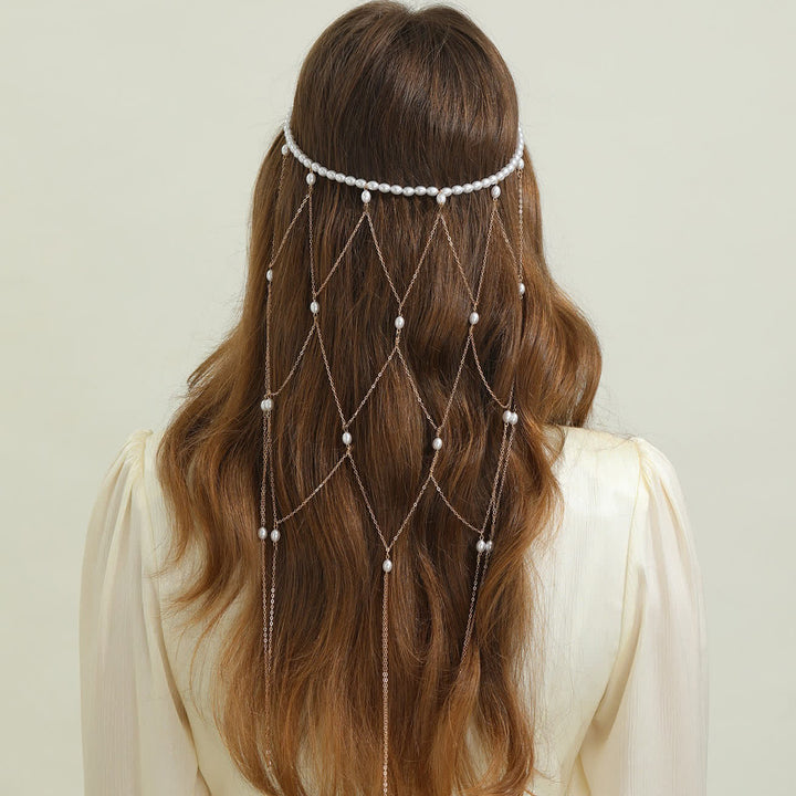 Women's Wedding & Festival Goddess Pearl Veil Hair Chains - Style #3 - Gold - image 7