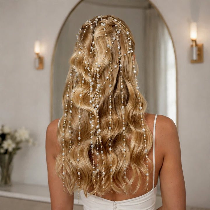 Women's Wedding & Festival Goddess Pearl Veil Hair Chains - Style #1 - Gold - image 5