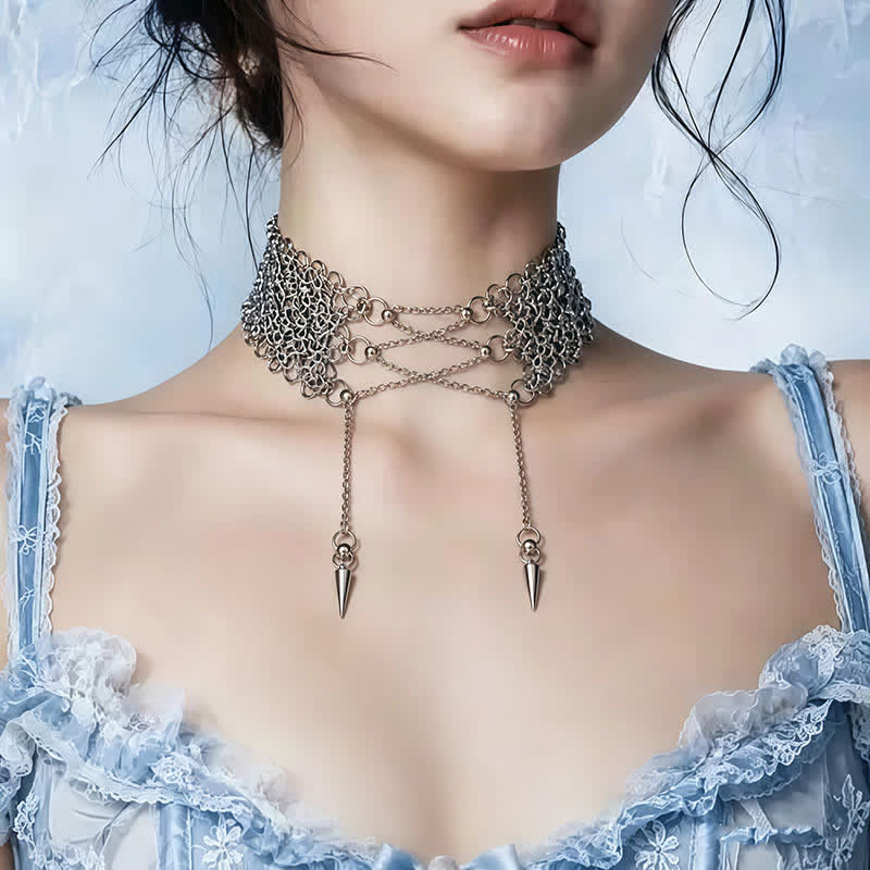 Dark Coquette Punk Chainmail Choker Spiked Tassels Necklace - Silver - image 0
