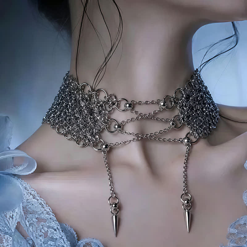 Dark Coquette Punk Chainmail Choker Spiked Tassels Necklace - image 1