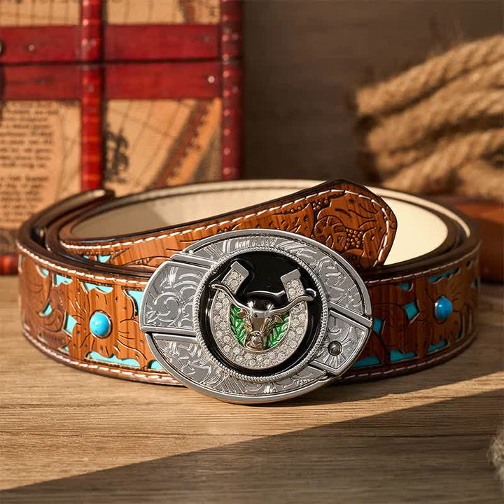 Rhinestone Longhorn Bull & Horseshoe DIY Hidden Folding Knife Buckle Leather Belt - Longhorn Bull & Horseshoe - Turquoise Carved Belt - 42 - image 3