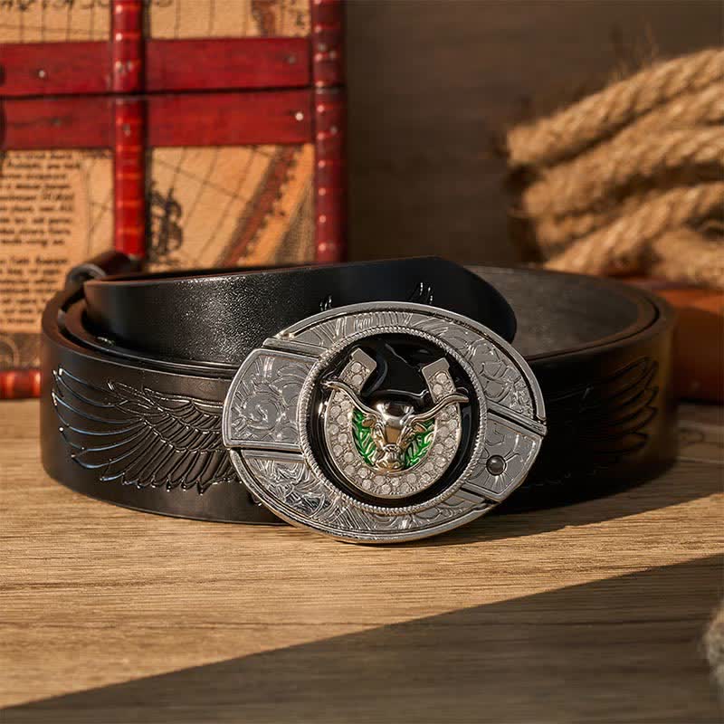 Rhinestone Longhorn Bull & Horseshoe DIY Hidden Folding Knife Buckle Leather Belt - Longhorn Bull & Horseshoe - Black Embossed Eagle Belt - 42 - image 2