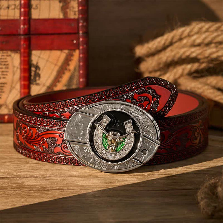 Rhinestone Longhorn Bull & Horseshoe DIY Hidden Folding Knife Buckle Leather Belt - Longhorn Bull & Horseshoe - Brown Carved Belt - 42 - image 6