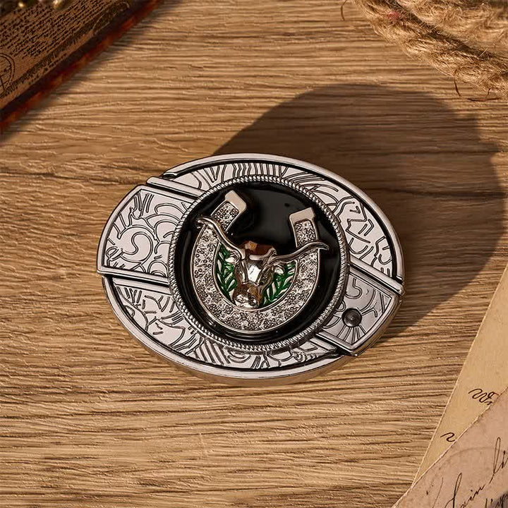 Rhinestone Longhorn Bull & Horseshoe DIY Hidden Folding Knife Buckle Leather Belt - image 10