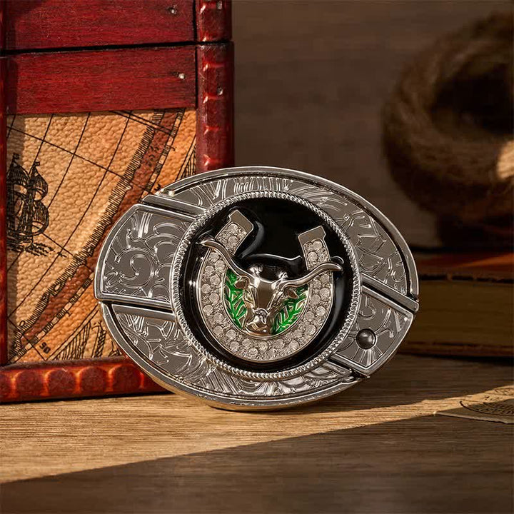 Rhinestone Longhorn Bull & Horseshoe DIY Hidden Folding Knife Buckle Leather Belt - Longhorn Bull & Horseshoe - Without Belt - Not Included Belt - image 0