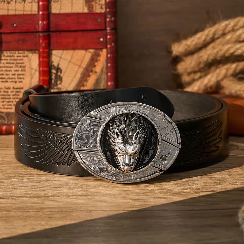 Western Lone Wolf DIY Hidden Folding Knife Buckle Leather Belt - Wolf - Black Embossed Eagle Belt - 42 - image 2